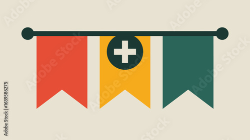 Three colorful flags hanging from a dark green rod with a plus sign on the middle flag