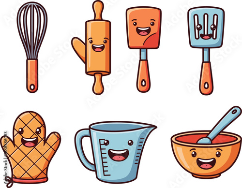 Cartoon Kitchen Utensils with Smiling Faces – Whisk, Rolling Pin, Spatulas, Oven Mitt, Measuring Cup, Bowl – Fun Vector for Kids