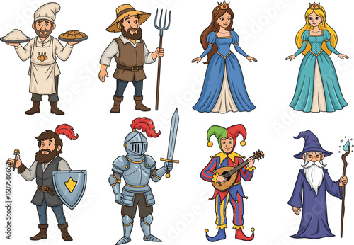 Cartoon medieval fantasy characters set with princess, knight, wizard, warrior, jester, chef, peasant, vector illustration for stock content