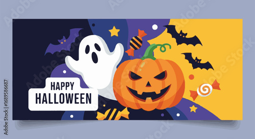 Happy Halloween vector illustration banner. Spooky holiday background with cute ghost, grinning jack-o'-lantern, flying bats, and festive candy.