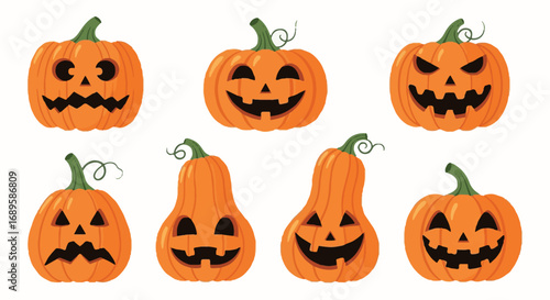 Halloween Jack-o'-Lantern Pumpkins Set. Diverse Carved Pumpkin Faces with Spooky and Festive Expressions. Graphic Assets for Holiday Decorations.