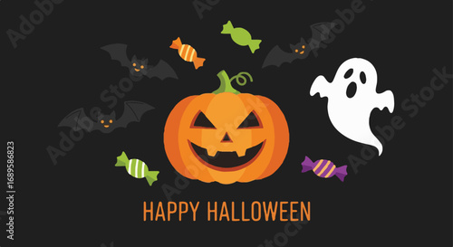 Festive Happy Halloween illustration featuring a smiling jack-o'-lantern, spooky ghost, flying bats, and colorful candies on dark background.