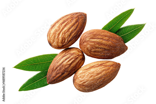 Close-up of almonds on green leaves
