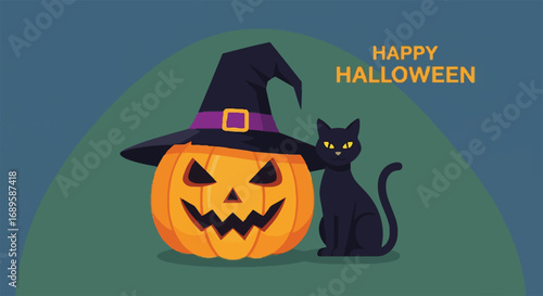 Happy Halloween cartoon illustration with spooky carved pumpkin wearing witch hat and black cat, festive holiday design vector