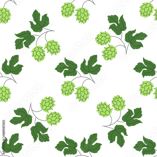 Repeating pattern featuring stylized green hops and leaves in flat style ideal for beer branding Oktoberfest materials fabric prints and craft brewery packaging