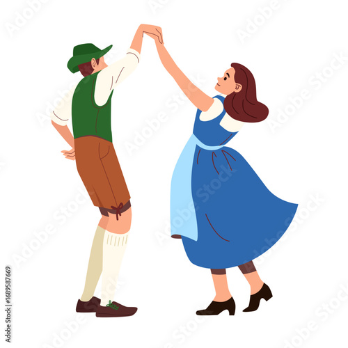 Couple in traditional Bavarian attire dancing joyfully wearing dirndl and lederhosen flat style ideal for Oktoberfest ads festival invitations and cultural event graphics