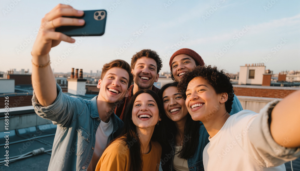 Fototapeta premium Group of friends taking selfie and smiling outdoors on rooftop 