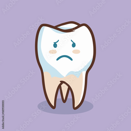 Sad tooth with cavity on purple background.