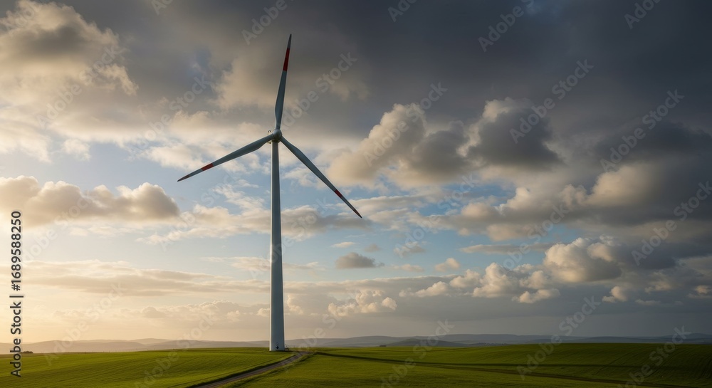Obraz premium A solitary wind turbine stands tall in a green field under a dramatic cloudy sky
