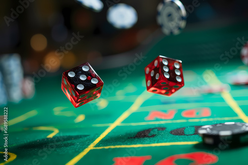 Dynamic dice rolling on a casino table creating a sense of excitement and anticipation