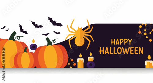 Happy Halloween banner with pumpkins, flying bats, spooky spider, and lit candles on a dark background. Festive autumn holiday celebration.