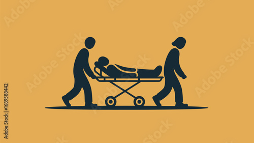 Illustration depicting two people transporting a patient on a gurney against a yellow background
