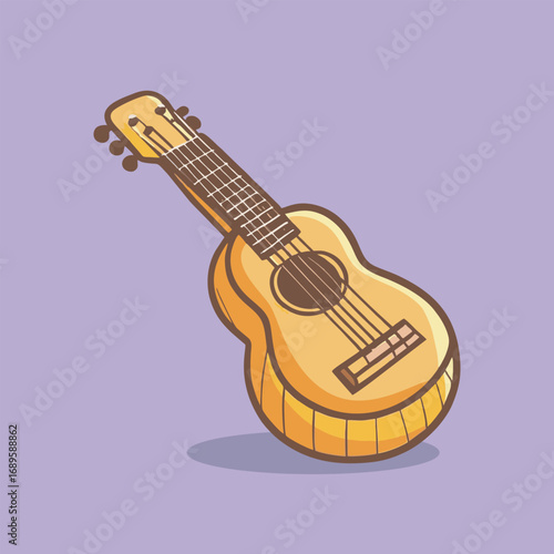 Brown guitar with strings on purple background.