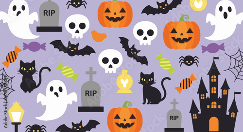 Spooky Halloween Seamless Pattern Background with Pumpkins, Ghosts, Bats, Skulls, and Haunted House for Festive Design Assets