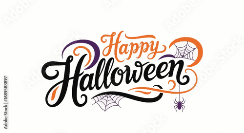 Happy Halloween festive lettering design with spooky spider webs and a small spider, isolated on a white background. Holiday greeting card banner.