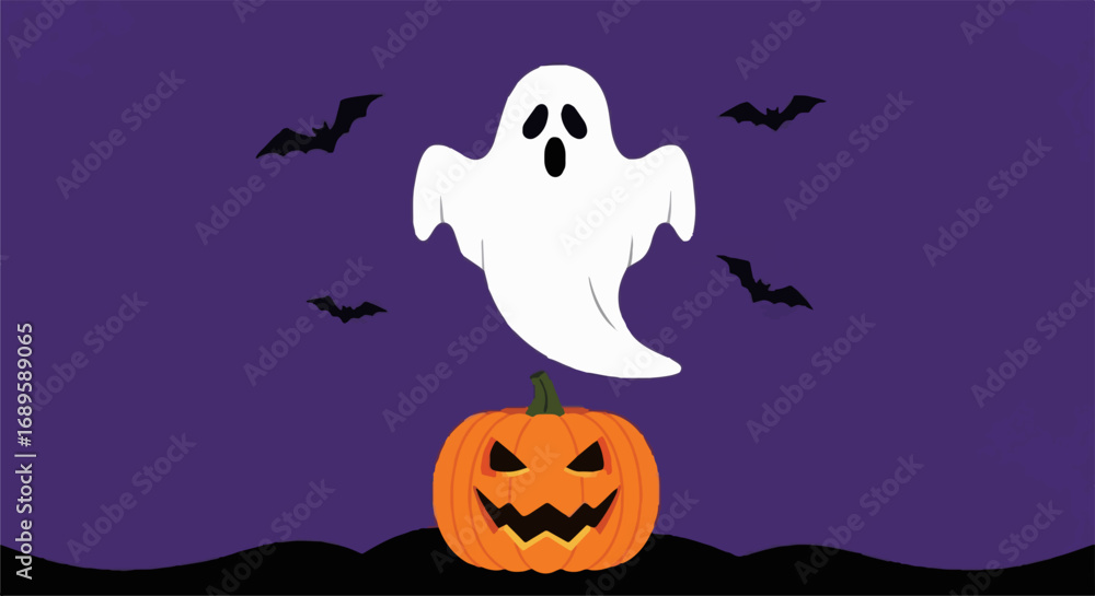 Fototapeta premium Spooky Halloween illustration with flying ghost, scary jack-o'-lantern pumpkin, and bats on a purple background. Perfect for holiday designs.