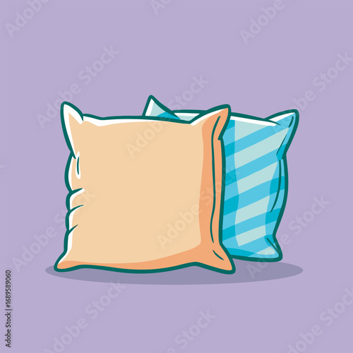 Beige and blue pillows stacked on purple background.