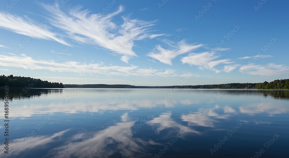 Fototapeta premium Serene Lake Reflection Under Blue Sky.