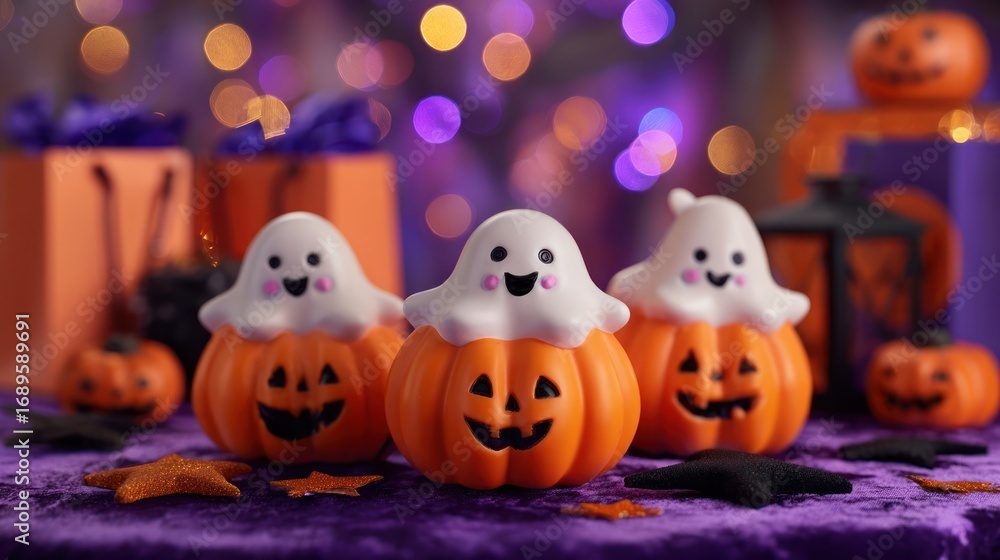 Fototapeta premium Festive Halloween scene with pumpkin-ghosts, star confetti and blurred light background