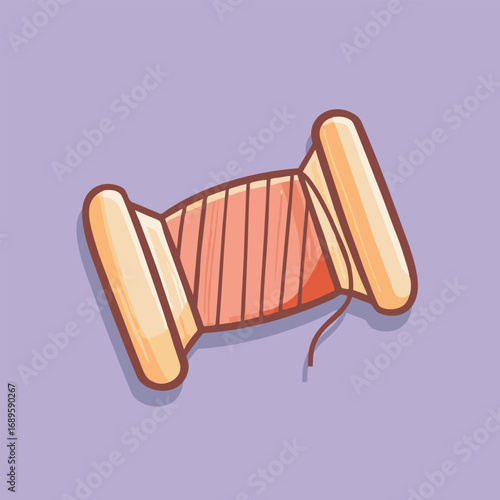 Wooden spool with pink thread on purple background.