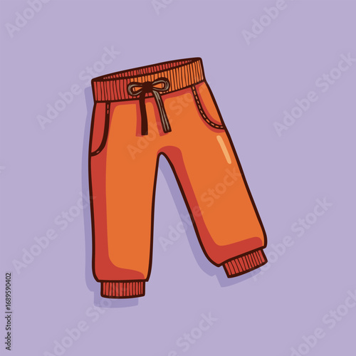 Orange pants with drawstring on purple background.