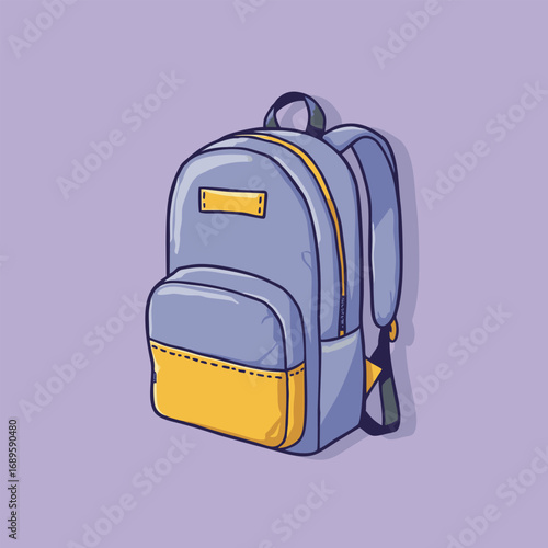  Blue and yellow backpack with pocket on purple.