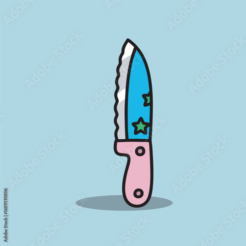 Blue knife with pink handle and star decoration.