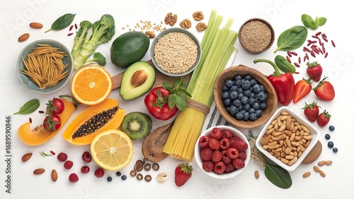 Vegan ingredients rich in dietary fiber and immune-boosting nutrients arranged on a white background