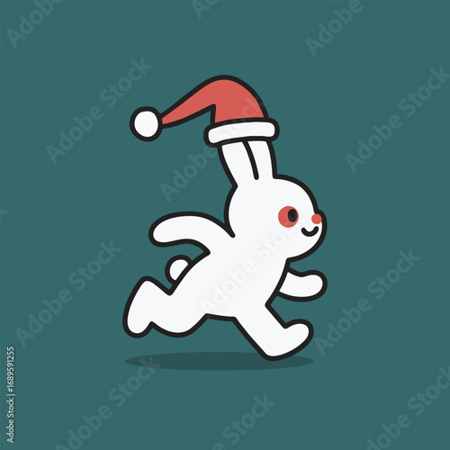 White rabbit with Santa hat running quickly.