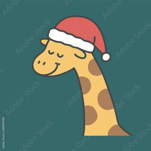 Giraffe with Santa hat and closed eyes smiling.