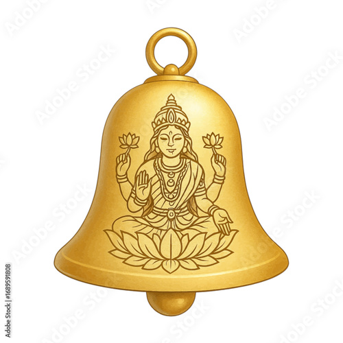 A golden Hindu prayer bell, or ghanta, featuring an intricate engraving of the goddess Lakshmi seated on a lotus flower.