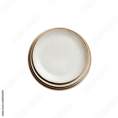 Stack of Three Cream-Colored Ceramic Plates with Speckled Texture and Brown Rim