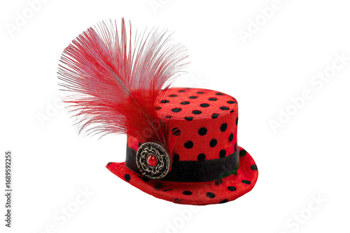 Red polka dot top hat with feather accent