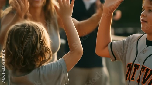 Excited little baseball player celebrates with parents and friends on a sunny day