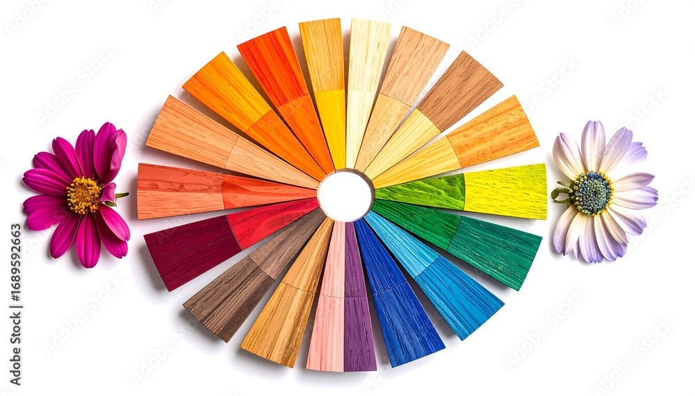 Obraz premium Wood color swatches arranged in a circle, surrounded by flowers