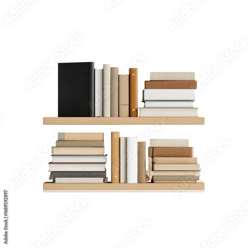 Minimalist Bookshelf with Neutral Colored Books and Wooden Shelves