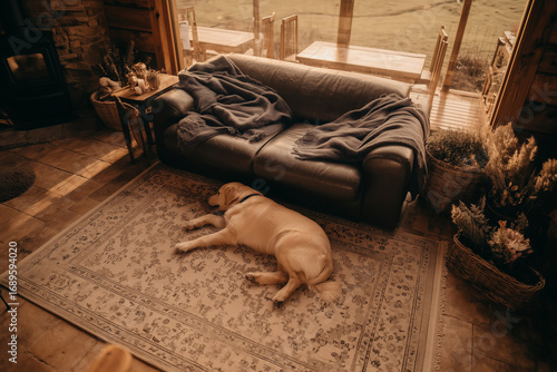 A cozy living room interior in a private home with a stained-glass window, a gray sofa, and a yellow Labrador retriever lying on a large rug.
