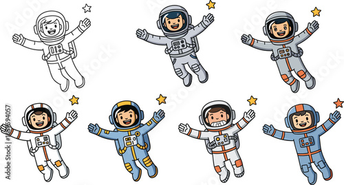 Cartoon astronaut characters illustration, cute space explorers, floating in outer space, wearing colorful space suits, happy astronauts vector art, galaxy adventure design