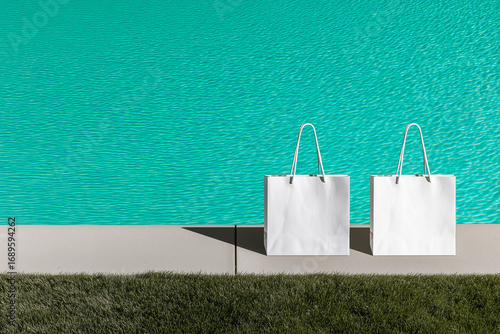 Mockup of two white paper bags against the background of turquoise pool water.
