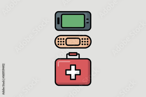 Illustration of a phone, bandage, and first aid kit arranged vertically on a plain background