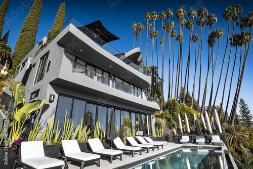 The facade of a luxury apartment with a swimming pool in the tropics. Shot with a wide-angle lens.
