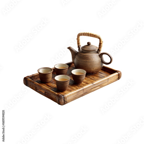 Tranquil Tea Ceremony Ceramic Teapot and Cups on Bamboo Tray