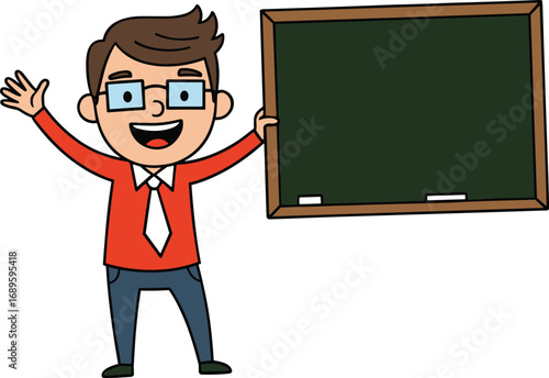 Cartoon teacher character standing beside chalkboard, education concept, classroom learning, school teaching, academic background, knowledge sharing, study illustration, educational design