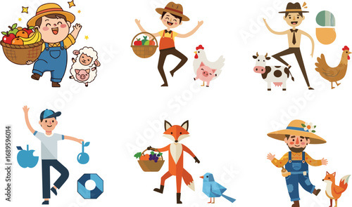 Cute farmer characters with animals, fruits, vegetables, harvest basket, cartoon style agriculture, countryside lifestyle, farm illustration, organic food, rural scene