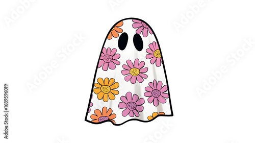 Cute ghost with a flower pattern textile on wa hite background