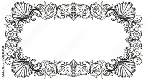 Ornate frame with seashell and floral elements in monochrome vintage style drawing illustration art