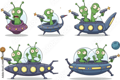 Cartoon alien spaceship vector set with ray guns, planets, flying saucers, green aliens in action for children sci-fi content