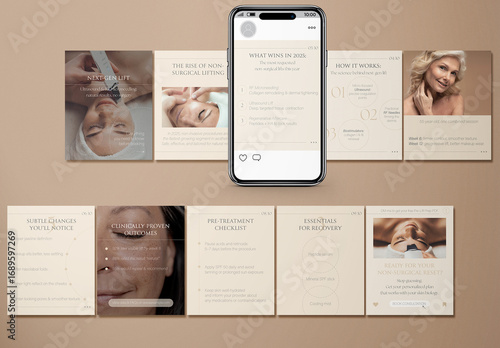 Instagram carousel template for skincare and beauty professionals, Set of 10 editable, customizable social media post layouts for cosmetologists, dermatologists, beauty clinics and wellness experts.