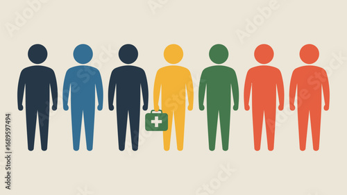 A group of colorful figures standing in a row with one figure holding a first aid kit illustration