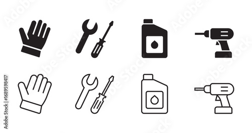 Outline style repair and maintenance tool icons including gloves, wrench, screwdriver, drill, and oil container. Great for mechanic, construction, and DIY projects.